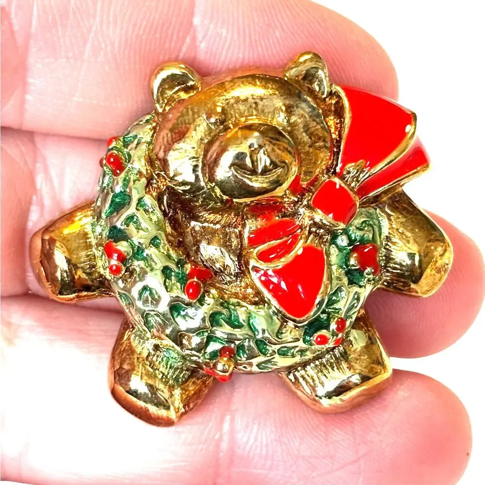 Vintage 1980's Christmas Teddy Bear Brooch goldtone in red & green enamel finish
